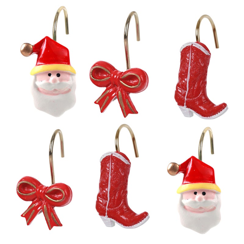 Twofishes Xmas Glod Boots Shower Curtain Hooks Set of 12 Decorative Rust Proof Christmas Red Boots Shower Curtain Rings Pack of 12 (Red) - Image 1